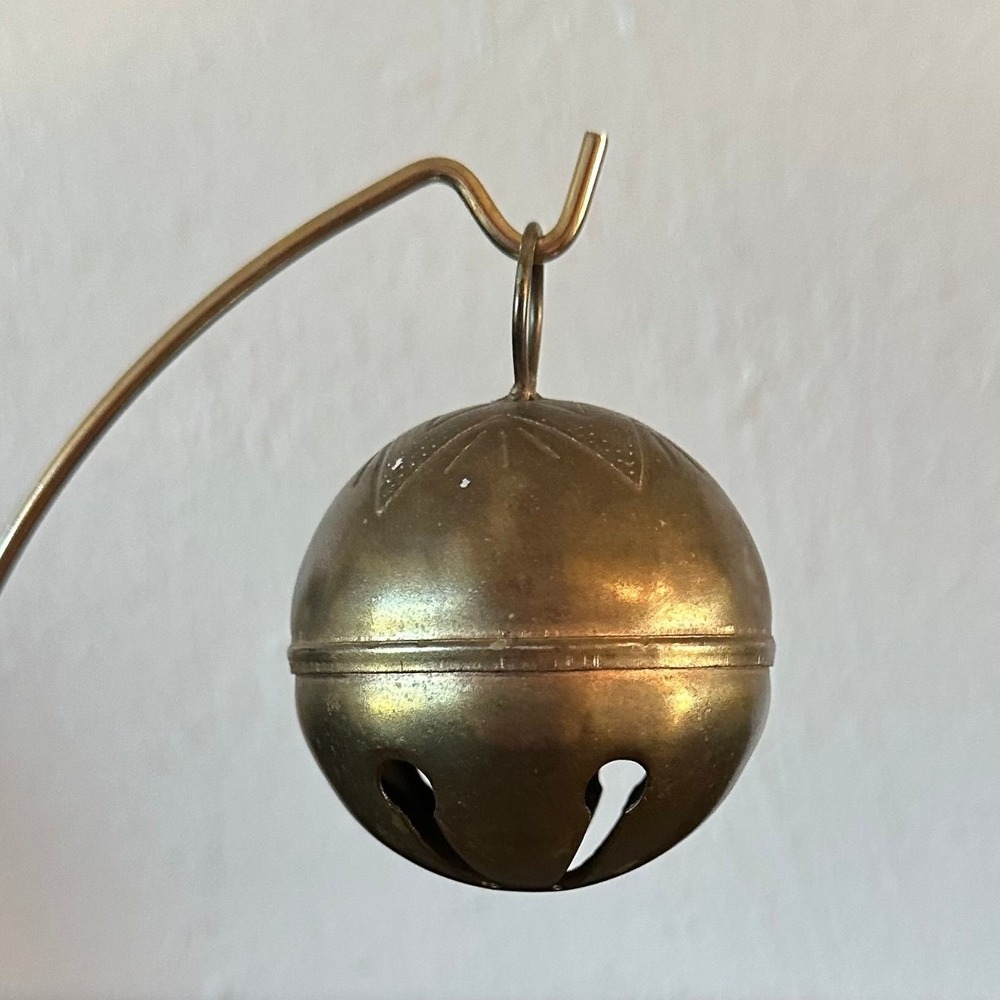 Vintage Brass Sleigh Bell Ornament Etched Star Sunburst Pattern Crotal Bell 2"
